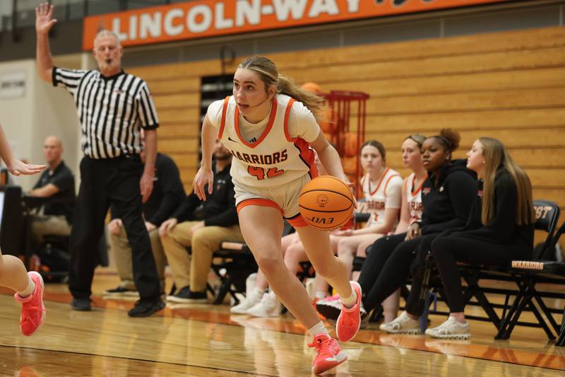 Lincoln-Way West’s Reagan McCracken makes a move to the baseline against Lockport on Tuesday, Feb. 3, 2026 in New Lenox.