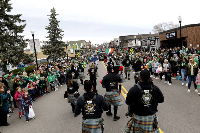 Members of the Dundee Scottish Pipe Band during the McHenry ShamROCKS the Fox Festival Parade on Saturday, March 16, 2024.