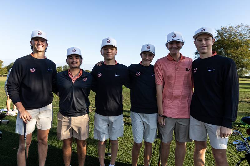 Lincoln-Way West’s varsity golf team stops for a photo prior to teeing off at the IHSA Boys’ Class 3A Sectional at Wedgewood Golf Course in Plainfield on Oct. 6, 2025.