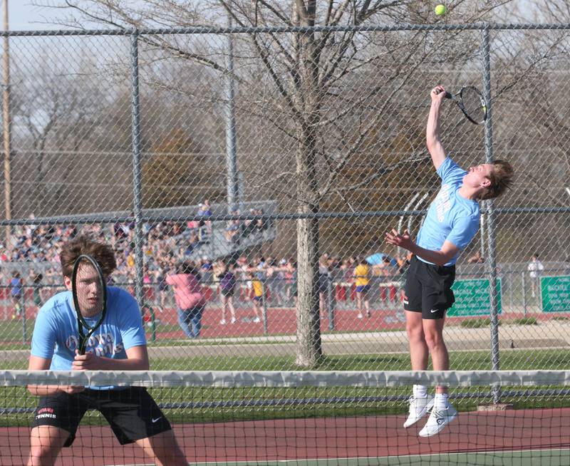 Ottawa number one doubles team players Noah and Adam Gross play tennis against L-P on Tuesday, April 11, 2023 at the L-P Athletic Complex in La Salle.