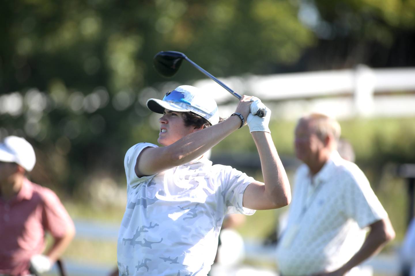 Wheaton Warrenville South’s Callan Fahey tees off during the Class 3A Plainfield North Boys Golf Sectional at Whitetail Ridge Golf Course in Yorkville on Monday, Oct. 2, 2023.