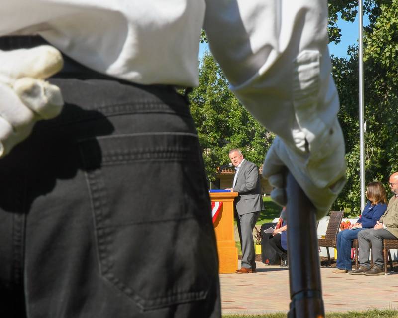 DeKalb mayor and veteran Cohen Barnes speaks during a dedication ceremony marking the completion of phase one of the DeKalb Elks Veteran’s Memorial Plaza in DeKalb Saturday, Oct. 1, 2022.