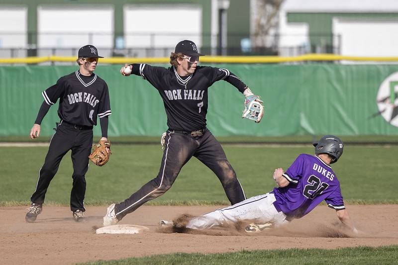 Rock Falls’ Tim Heald fires to first to complete a double play against Dixon on Tuesday, April 18, 2023.