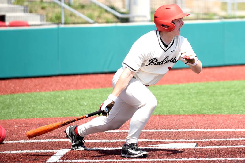 Bradley-Bourbonnais' Cody Youngblood follows through on his swing on a single during the Class 4A Bradley-Bourbonnais Regional quarterfinals against Pekin at 315 Sports Park in Bradley Monday, May 25, 2026.