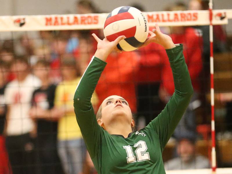 St. Bede's Lila Koehler sets the ball in the air against Henry-Senachwine on Tuesday, Oct. 21, 2025 at Henry-Senachwine High School.