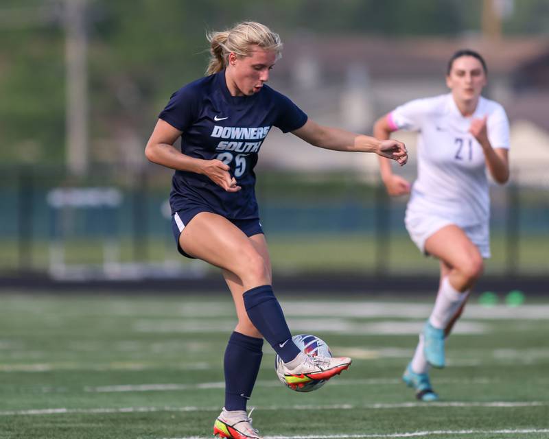 Downers Grove South's Skylar Swanson (25) handles the ball during Class 3A Addison Trail Regional final soccer match between Downers Grove South at Downers Grove North.  May 19, 2023.