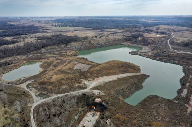 An aerial view of a large lake in the Matthiessen Annex area on Wednesday, March 27, 2024 near Oglesby. In October 2018, the Illinois Department of Natural Resources purchased 2,628 acres from Lone Star Industries Inc. near Oglesby, Illinois in rural LaSalle County. This
formerly mined property is adjacent to Matthiessen State Park and is now referred to as the Matthiessen Annex property. In its reclaimed state, this property will provide recreational opportunities, as well as habitat and public access to the Illinois River and Bailey Creek.