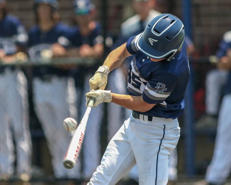 Oswego East's Dylan Kubek (11) hits a pitch during Class 4A Romeoville Sectional final game between Oswego East and Oswego on Saturday June 3, 2023.