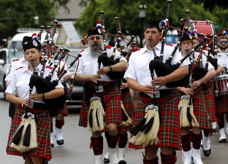 The Chicago Highlander Pipes and Drums performs during the Lake Bluff Fourth of July parade on Friday, July 4, 2025, in Lake Bluff.