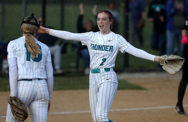 Woodstock North's Adelyn Crabill celebrates their win over Marengo with Makayla Nordahl during a Kishwaukee River Conference softball game on Tuesday, April 28 , 2026, at Woodstock North High School.