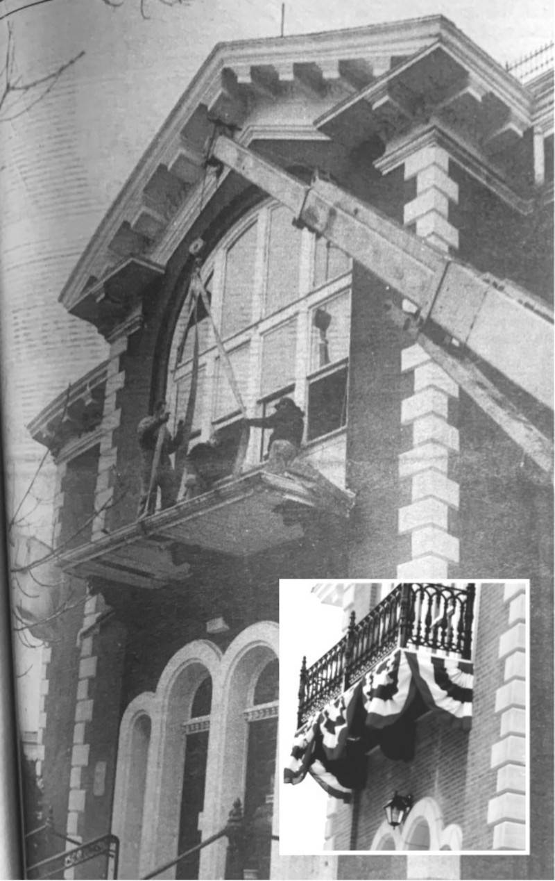 1993: The third floor balconies were removed from the Kendall County Courthouse. They had deteriorated recently to the point they were deemed a safety hazard. The inset photo shows the balconies, patriotically decorated.