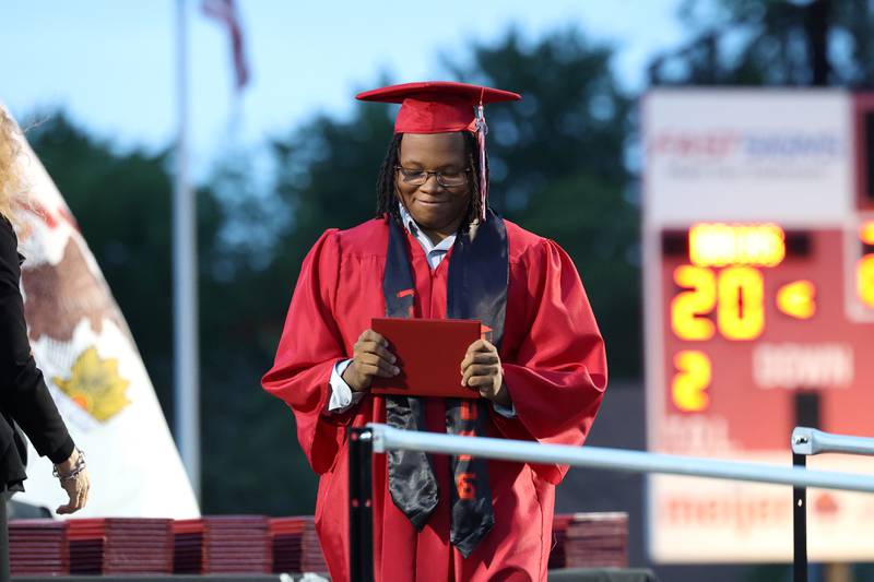 Graduate Landon Mack smiles after receiving a diploma during the Bradley-Bourbonnais Community High School commencement ceremony on Thursday, May 21, 2026.