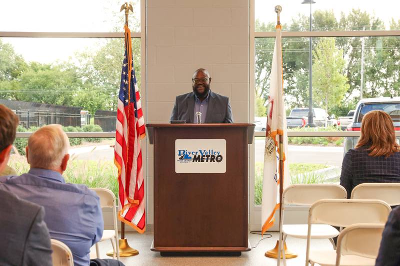 River Valley Metro Chief Executive Officer Siron Sims speaks during the ribbon-cutting ceremony for the new bus maintenance facility on Tuesday, Aug. 26, 2025.