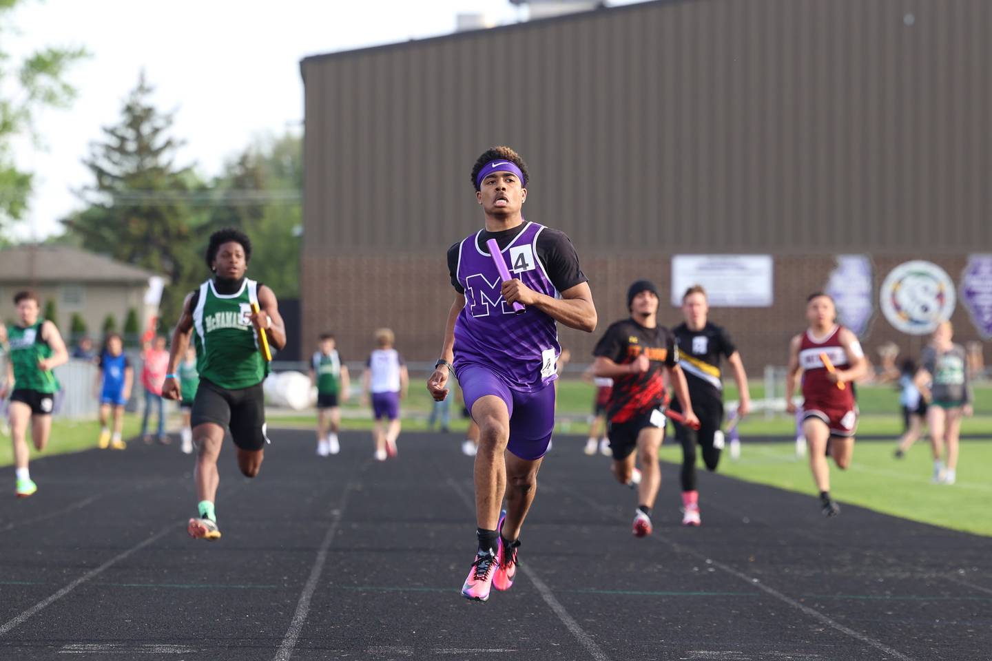 Manteno's Alexsander Lane secures first place in the 4x100 relay race at the Manteno Track Invite on Friday, April 24, 2026.