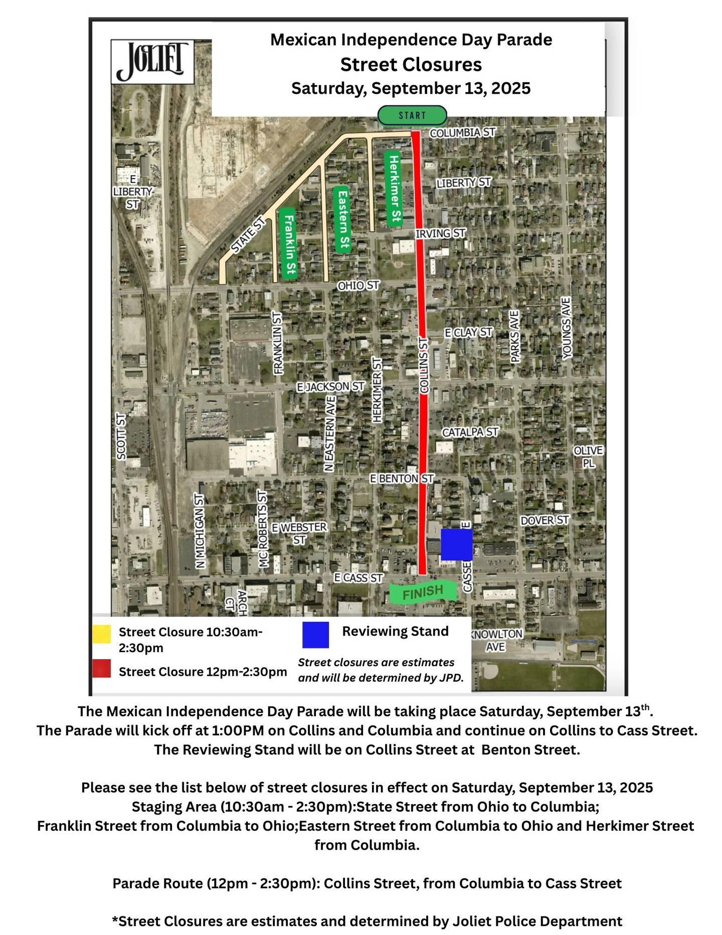 Map of the route for the Mexican Independence Day Parade in Joliet on Saturday, Sept. 13, 2025.