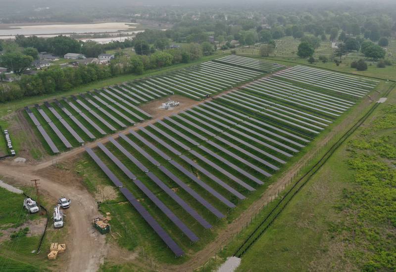 An aerial view of a solar farm located near the intersection of Vine Street and Ottawa Avenue on Wednesday, May 14, 2025 between Naplate and Ottawa.