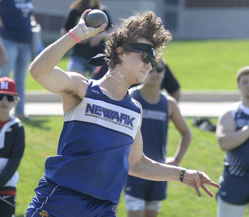 Newark’s Vincent Marmo competes in the shot put during the Rollie Morris Invite on Saturday, April 15, 2023 at Hall High School.