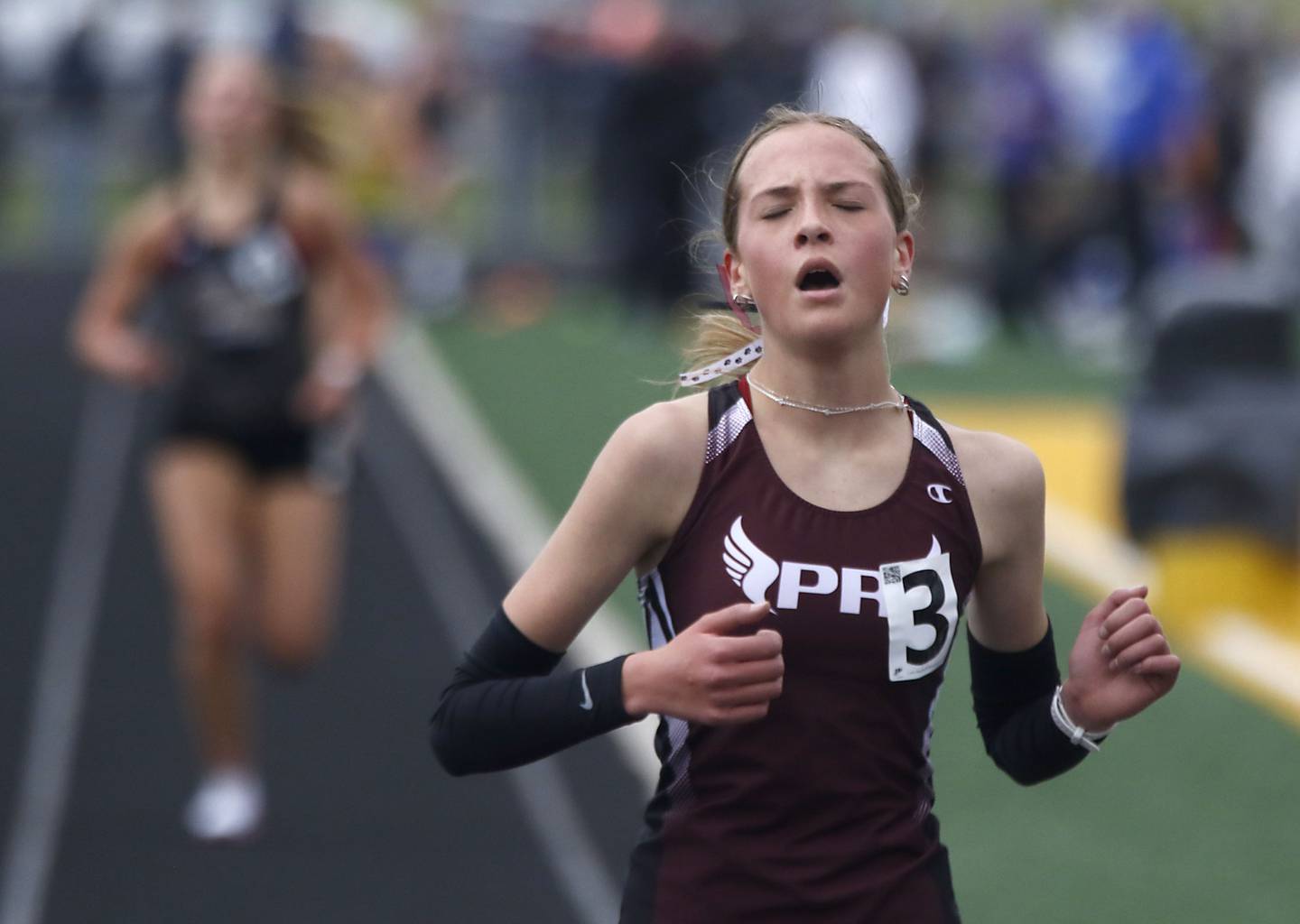 Prairie Ridge’s Maia Lancaster finishes the 3200 meter run during the IHSA Class 2A Johnsburg Girls Track and Field Sectional Meet on Wednesday, May 13, 2026, at Johnsburg High School.