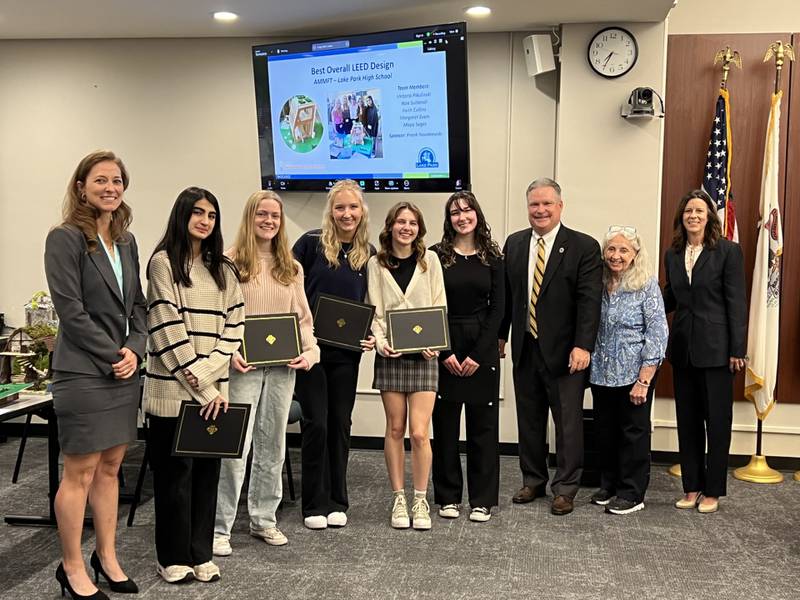 Stormwater Management Director Sarah Hunn, DuPage County Stormwater Management Committee Chair Jim Zay, SCARCE Founder and Executive Director Kay McKeen and SCARCE Educator Andrea Redfearn presented the award for “Best Overall LEED Design” to students from Lake Park High School on May 7, 2024