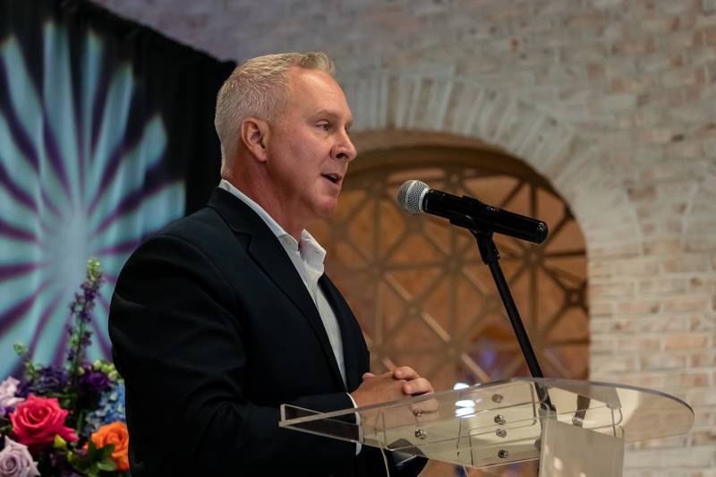 Todd George, Executive VP of Operations, PENN Entertainment, addresses attendees during the Hollywood Casino Joliet Grand Opening Ceremony on Aug. 11, 2025.