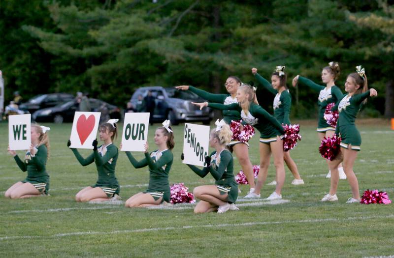 St. Bede cheerleaders perform a dance at halftime on Saturday, Oct. 15, 2022 at the Academy in Peru.