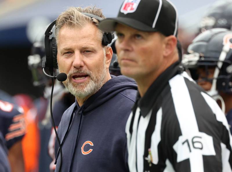 Chicago Bears Head Coach Matt Eberflus talks to an official during their game against the Los Angeles Rams Sunday, Sept. 29, 2024, at Soldier Field in Chicago.