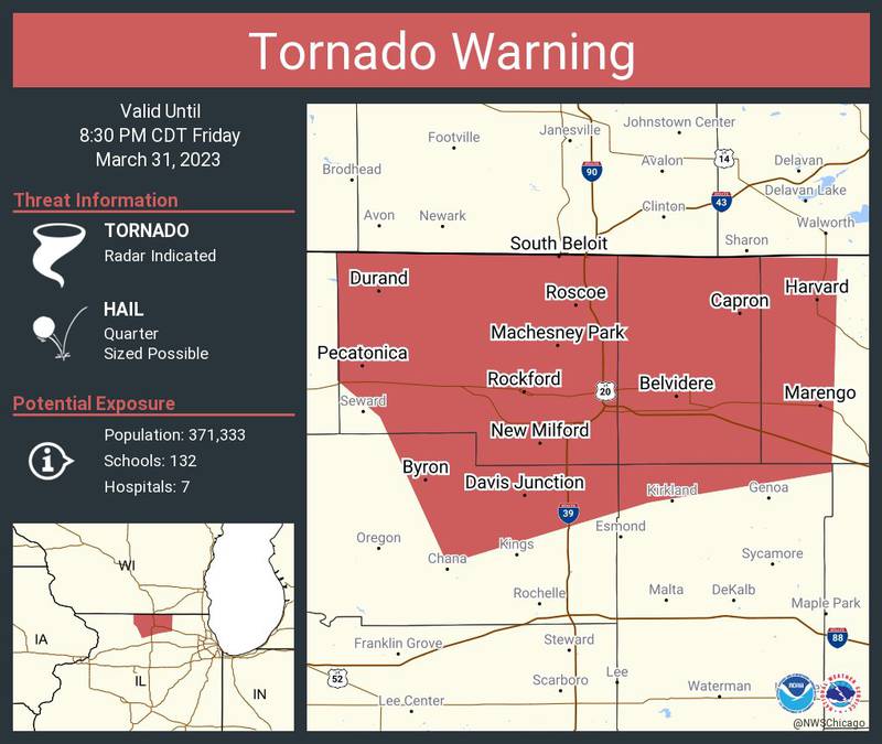 The National Weather Service issued a tornado warning for western McHenry County in addition to northeastern Ogle, northern DeKalb, Winnebago and Boone counties.
