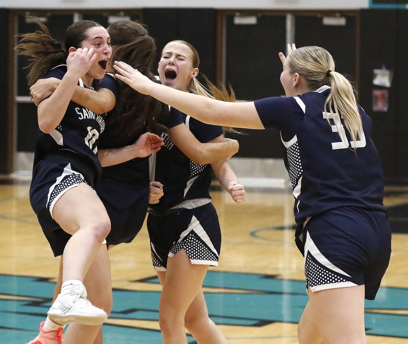 St. Viator's Allison Wade (left to right) St. Viator's Gabriella Scaravalle, Kalin McCrea and Ava Garcia during the IHSA Class 3A Woodstock North Supersectional girls basketball game on Monday, March 2, 2026, at Woodstock North High School.
