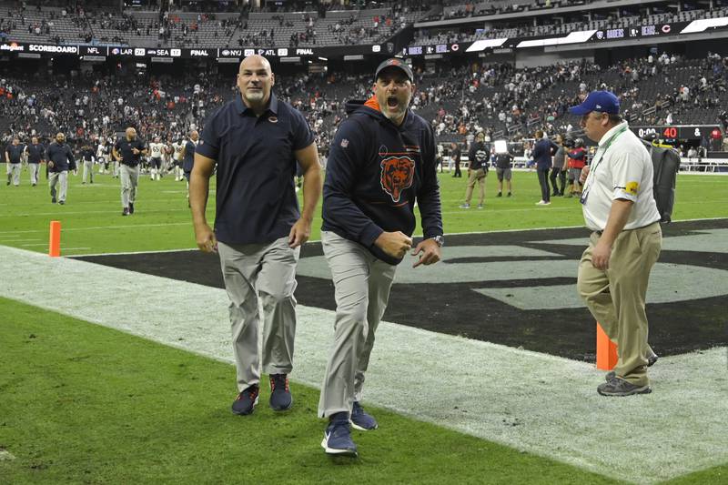 Chicago Bears head coach Matt Nagy celebrates after defeating the Las Vegas Raiders in an NFL football game, Sunday, Oct. 10, 2021, in Las Vegas. (AP Photo/David Becker)