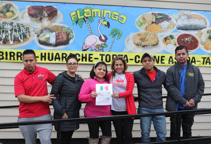 Local DeKalb County business owners who are participating in a Day Without Immigrants by closing their locations Monday, Feb. 3, 2025, in front of Flamingo Restaurant & Ice Cream, one of the restaurants that closed for the day, in DeKalb.