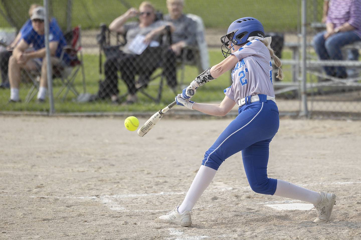 Newman’s Brenleigh Cook drives in a run against Putnam County Thursday, May 18, 2023.