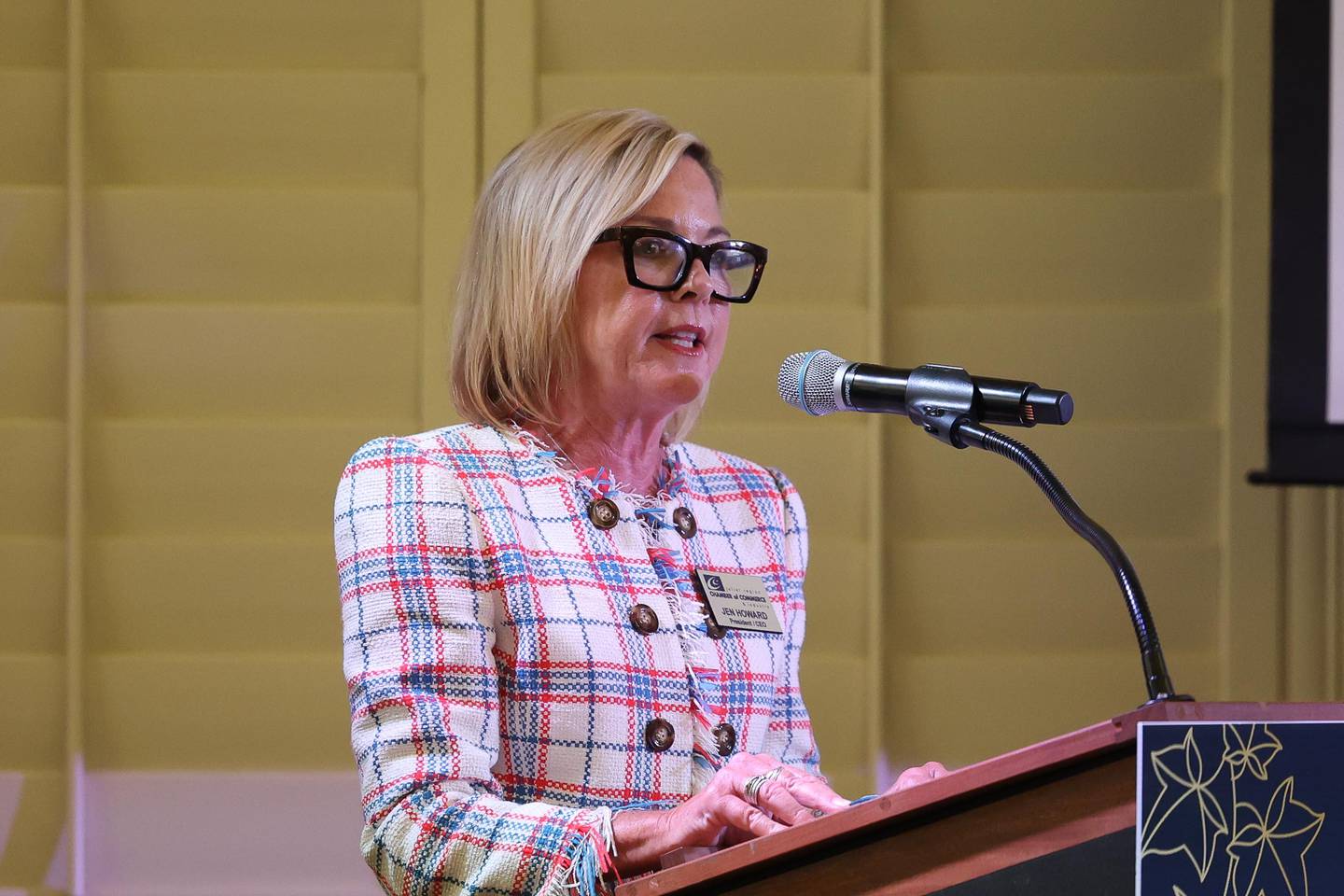 Jen Howard, Chamber of Commerce President, speaks at the Joliet Region Chamber of Commerce 110th Anniversary luncheon on Tuesday, Sept. 10, 2024 at the Reaissance Center in Joliet.