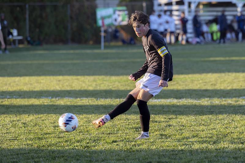 Dunlap’s Theo Balea scores the first goal for the Eagles against Sterling Wednesday, Oct. 23, 2024, during the class 2A soccer regional semifinal in Geneseo.