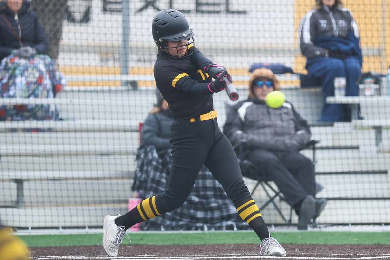 Joliet West’s Mikaela Munoz drives in two runs against Sandburg on Thursday, March 12, 2026 in Joliet.