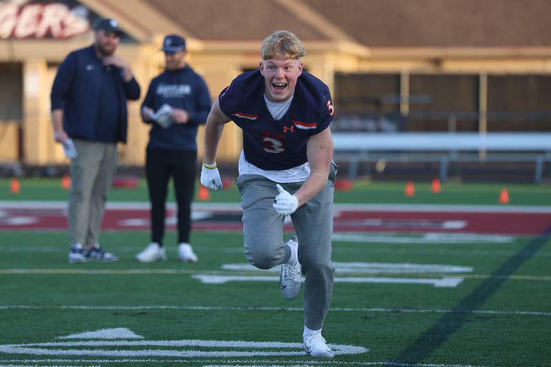 Oswego’s Cade Cooney has fun running a drill at the IHSA Southwest Suburb Showcase combine on Thursday, May 7, 2026 at Plainfield North High School.