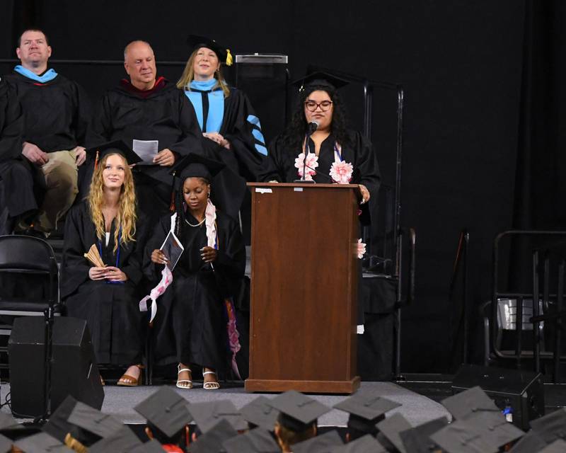 Ivanna Ortiz introduces the Superintendent Dr. Minerva Garcia-Sanchez during DeKalb High School’s graduation ceremony on Saturday May 23, 2026, held at the Convocation Center in DeKalb.