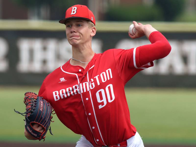 Barrington’s Will Renshaw delivers in IHSA Class 4A Sectional Title Game baseball action at McHenry High School in McHenry on Saturday, June 7, 2025.