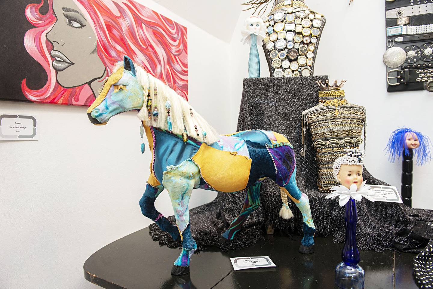 As well as the Mosers’ own pieces, like this embellished horse, “Blue Beauty,” Renew Me Gallery also features works by other artists.