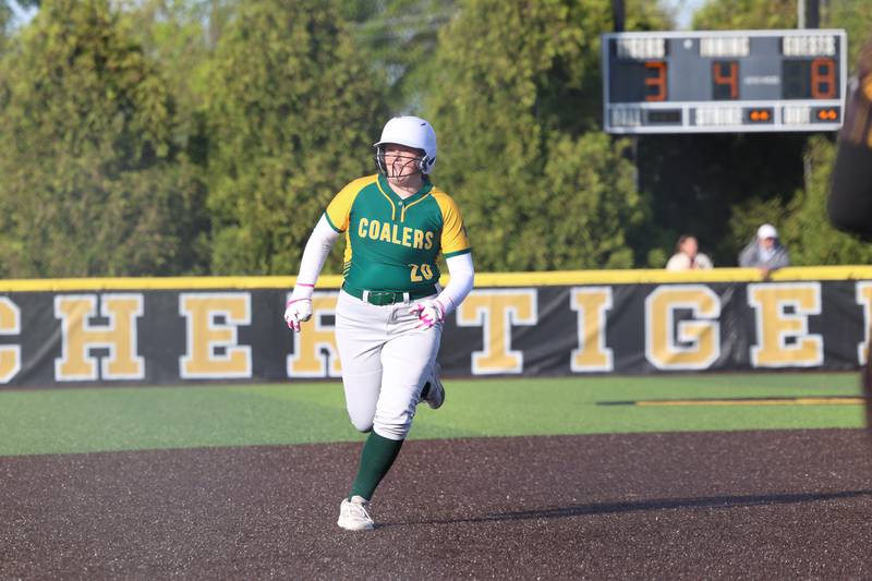 Coal City's Ava Mills heads for third base during Coal City's 14-10 victory over Herscher on Monday, April 20, 2026.