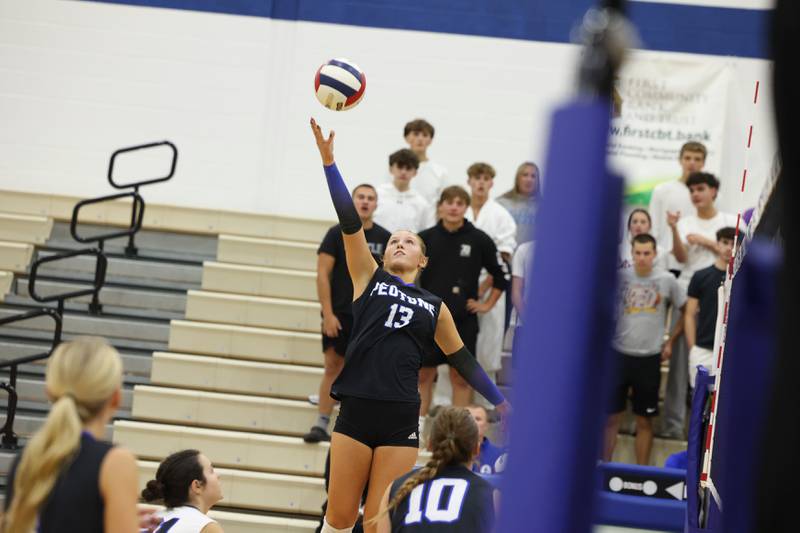 Peotone's Mia Connolley sends the ball over the net during the Blue Devils' loss in three sets, 19-25, 25-19, 25-21, to Manteno on Tuesday, Sept. 23, 2025.