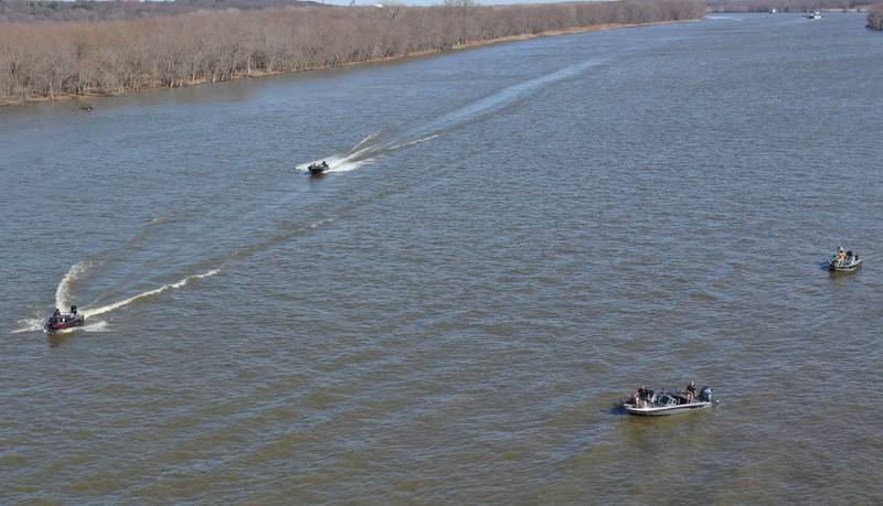 Anglers navagate the Illinois River during the annual Masters Walleye Circuit tournament on Friday, March 20, 2026 at the Spring Valley Boat Club.