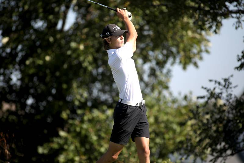 Plainfield North’s Evan Czarnik tees off during the Class 3A Plainfield North Boys Golf Sectional at Whitetail Ridge Golf Course in Yorkville on Monday, Oct. 2, 2023.