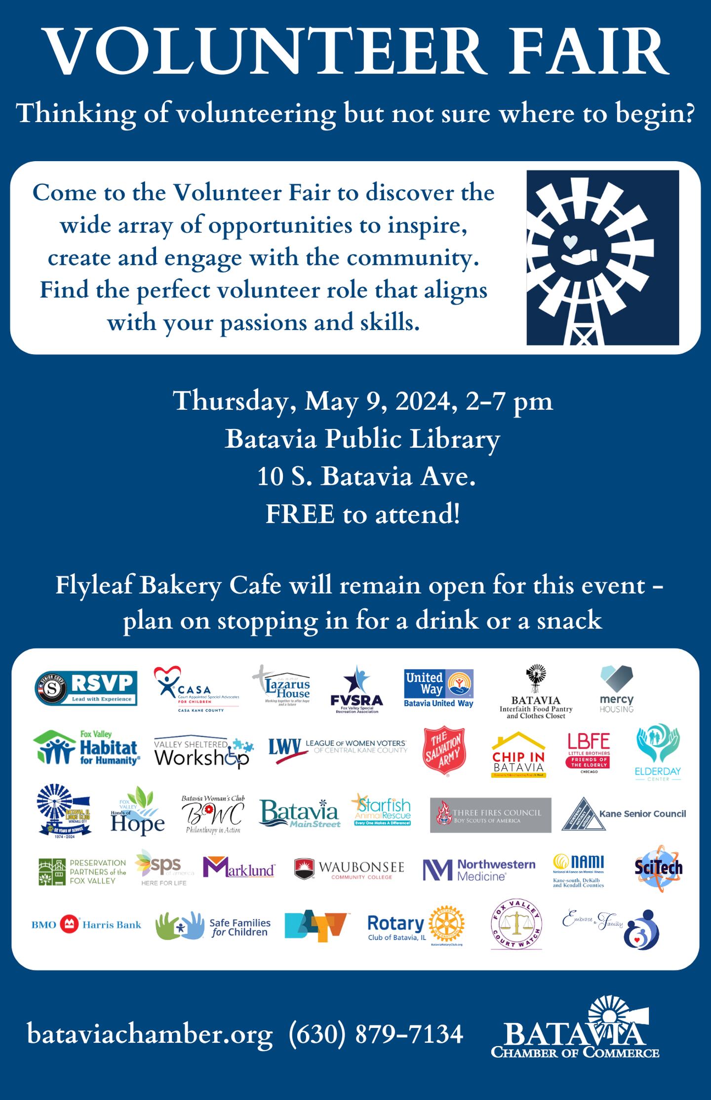 The Batavia Chamber of Commerce will host a free Volunteer Fair equipped with over 35 nonprofit organizations from 2 to 7 p.m. Thursday, May 9, at the Batavia Public Library.