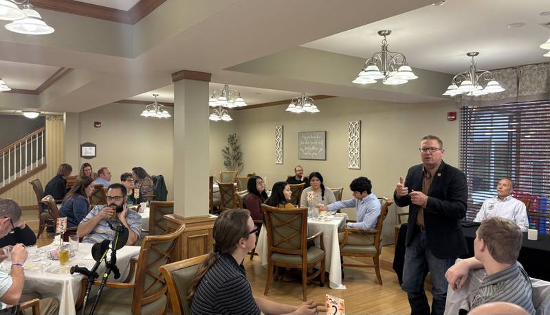 State Rep. Jason Bunting, R-Emington, speaks Tuesday during the Streator Area Chamber of Commerce’s legislative breakfast at Evergreen Senior Living. Bunting discussed the state budget, upcoming veto session and challenges facing rural communities.