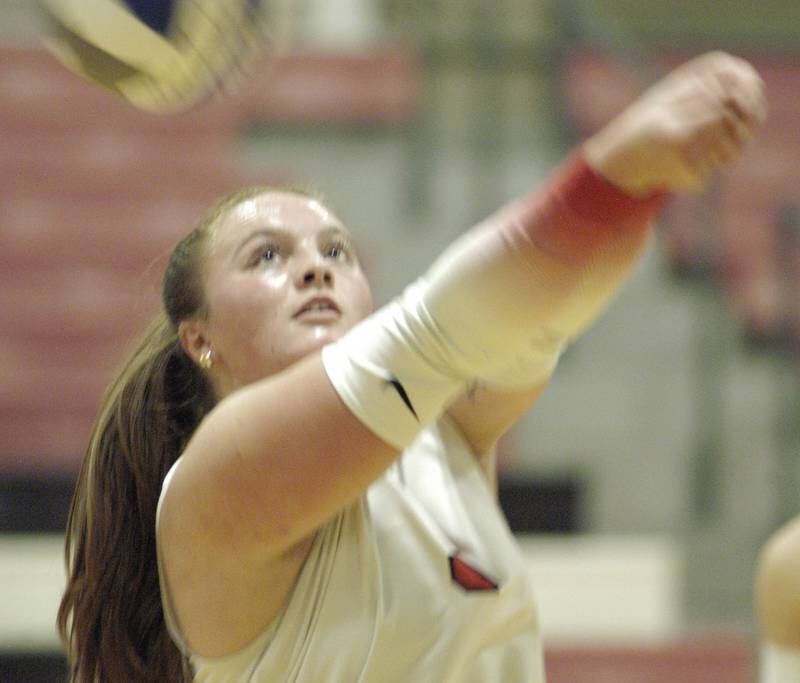 Skyhawk player  Denali Stonitsch hits the ball from the back court. Sauk Valley College beat South Suburban College in three sets Wednesday, November 6, 2024 at Sauk Valley Community College.