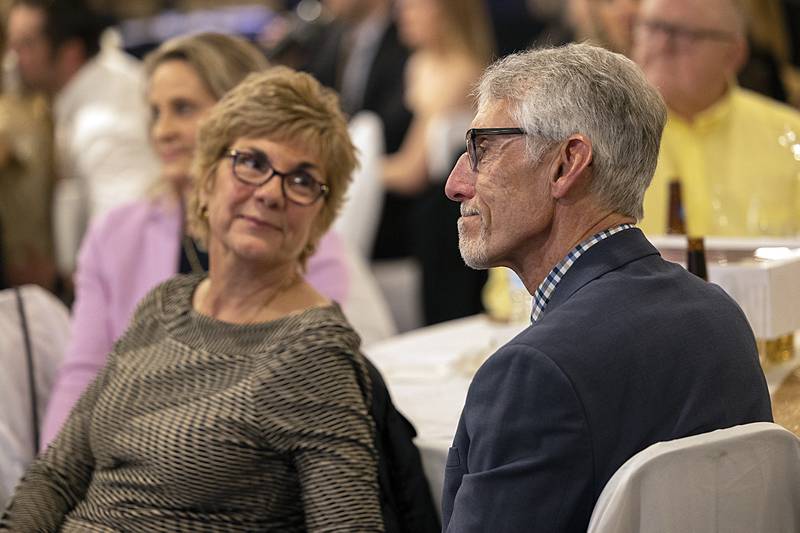 Jean Welty gives husband Joe a knowing look after realizing he is being named the Dixon Citizen of the Year on Friday, April 5, 2024, during the Best of Dixon Awards.