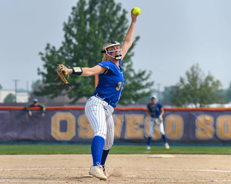 Wheaton North's Hannah Wulf (3) pitches during the game on Thursday June 5, 2025, while taking on Wheaton Warrenville South in the sectional semifinal game held at Oswego High School.