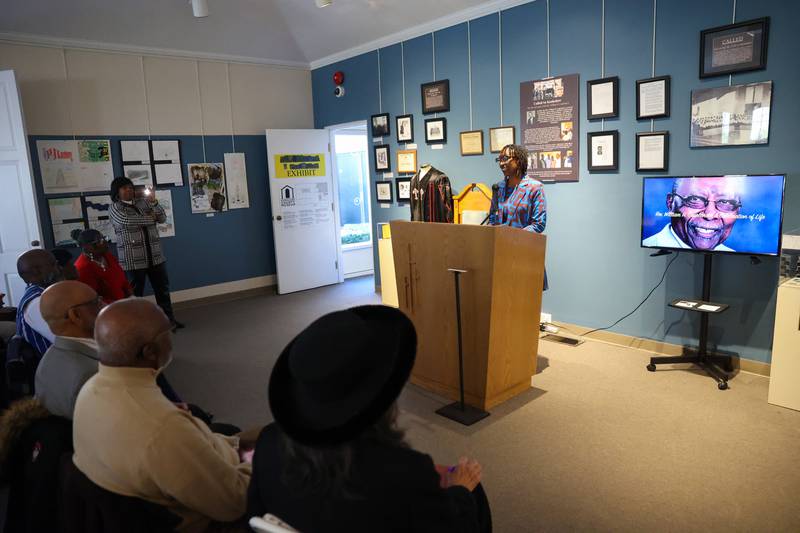 Monica Fountain, daughter of the late Kankakee civil rights leader Rev. William Copeland, speaks to the crowd during the opening of the exhibit 'Called to Kankakee: The Life and Legacy of the Rev. William H. Copeland Jr.' at the Kankakee County Museum on Saturday, Feb. 7, 2026.