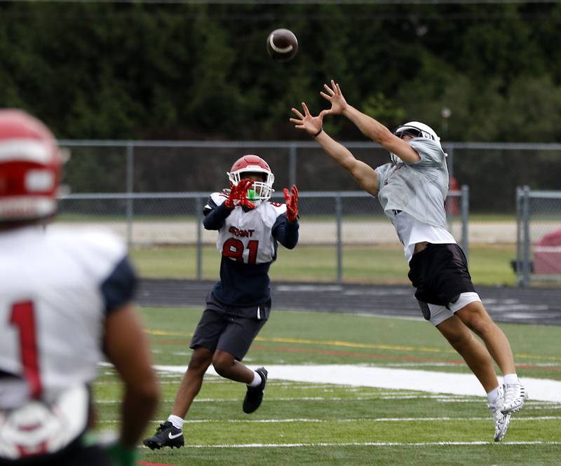 Prairie Ridge’s Luke Vanderwiel intercepts a Grant pass during football practice against Grant on Thursday, July 17, 2025, at Grant High School in Fox Lake.