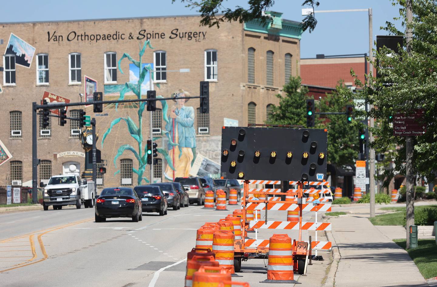Traffic follows the new lane configuration Tuesday June, 14, 2022, on Lincoln Highway near the intersection with First Street in DeKalb. Construction is underway on Lincoln Highway between First and Fourth Streets.